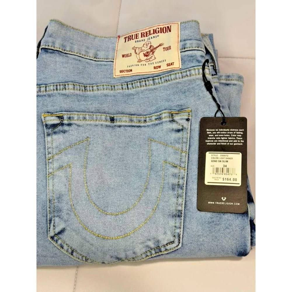 True Religion Men’s Geno SN Slim Relaxed Jeans– Light Shaker Wash –Size 34 NWT